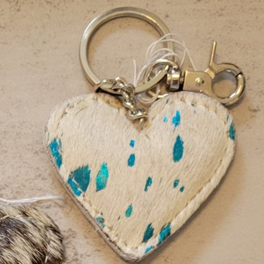 Cowhide Keychain Western Heart White Metallic Turquoise